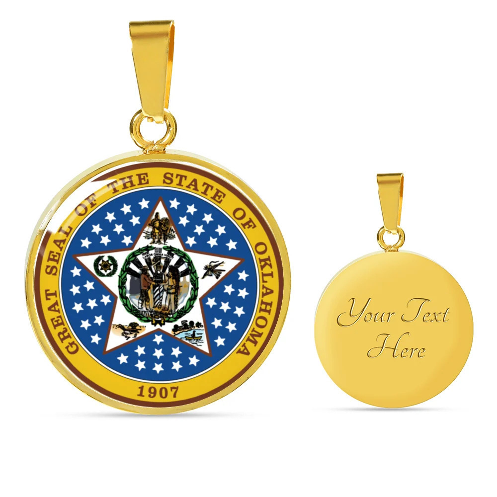 Oklahoma State Seal Personalized Engraved Gold Circle Necklace Custom Name Date